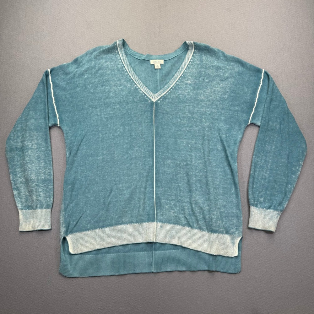 Sundance Womens Teal Blue Acid Wash 100%‎ Cotton V-Neck Pullover Sweater Large